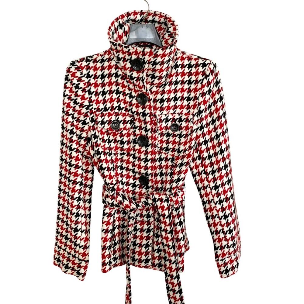 Last Kiss Vintage 90's Red Black Houndstooth Double Breasted Pea Coat Large - Picture 2 of 9